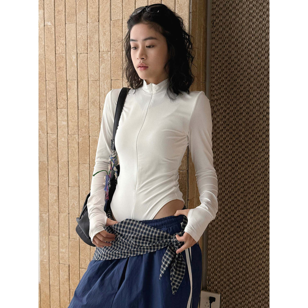 Slim fit stand collar zip long sleeve bodysuit