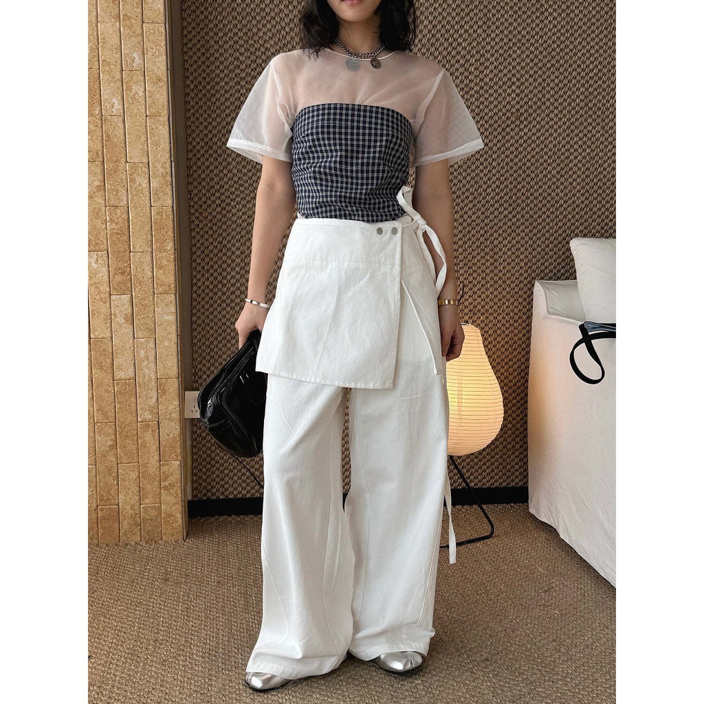 layered wrap pants high waist wide leg cotton loose trousers skirt overlay pants
