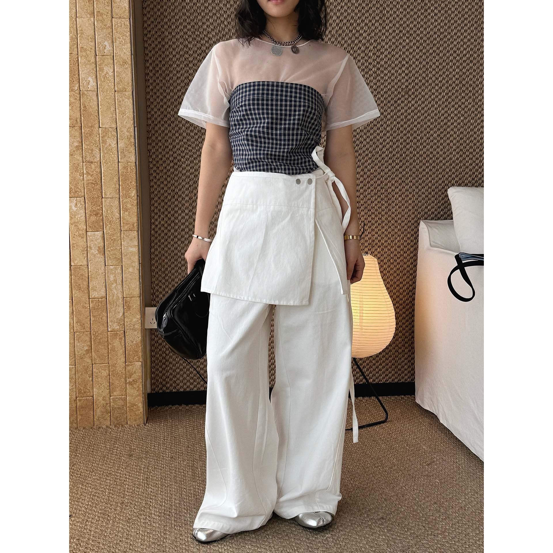 layered wrap pants high waist wide leg cotton loose trousers skirt overlay pants
