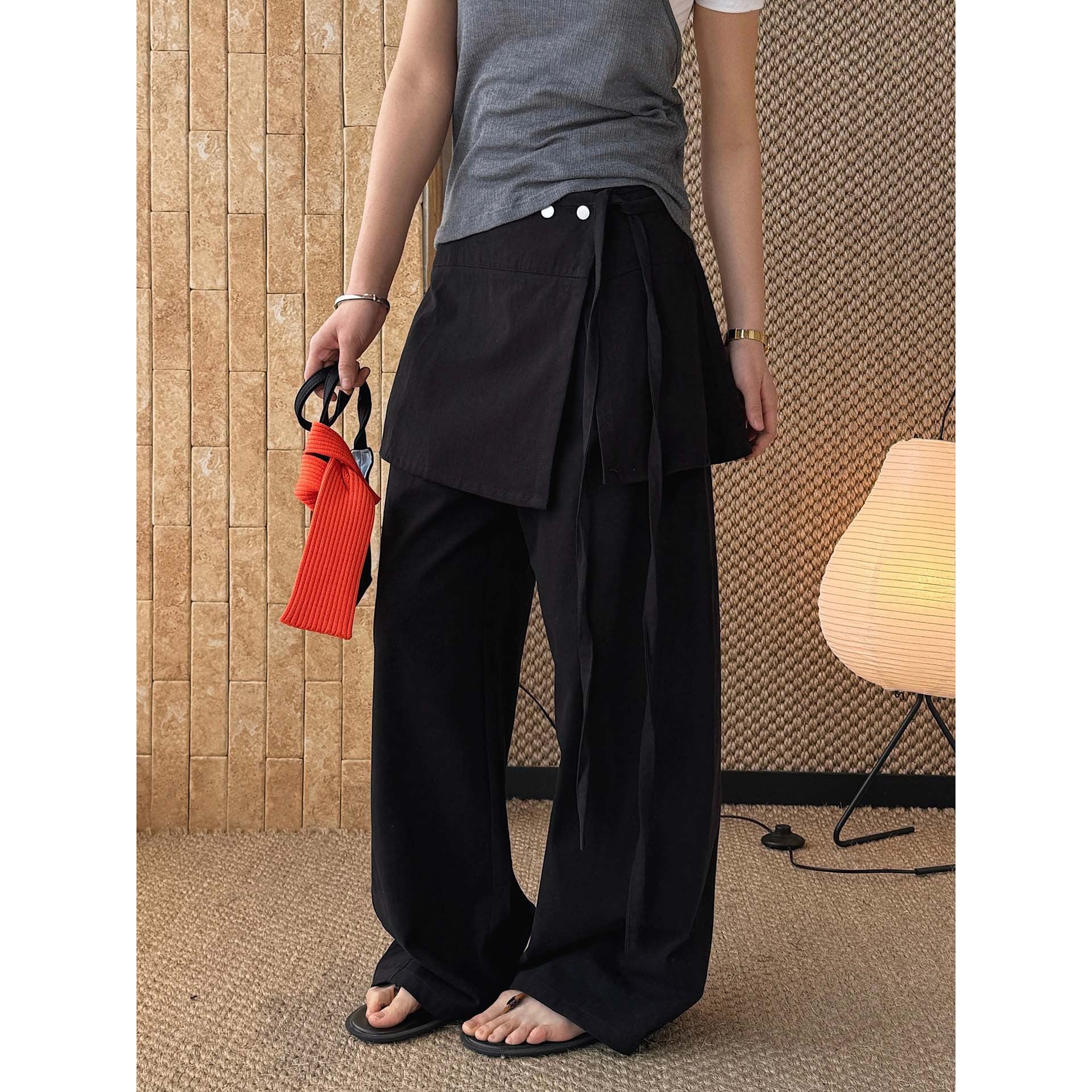 layered wrap pants high waist wide leg cotton loose trousers skirt overlay pants