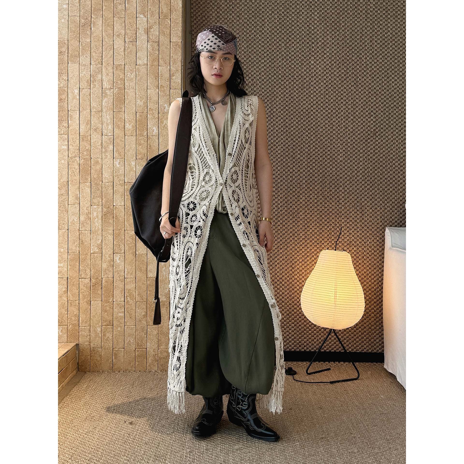 sleeveless long vest lace knit cardigan v neck button down hollow out lightweight layering top