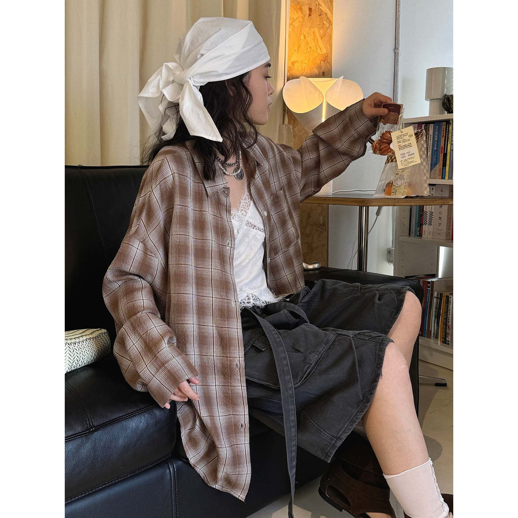 Vintage plaid cotton shirt loose long sleeve casual button down blouse