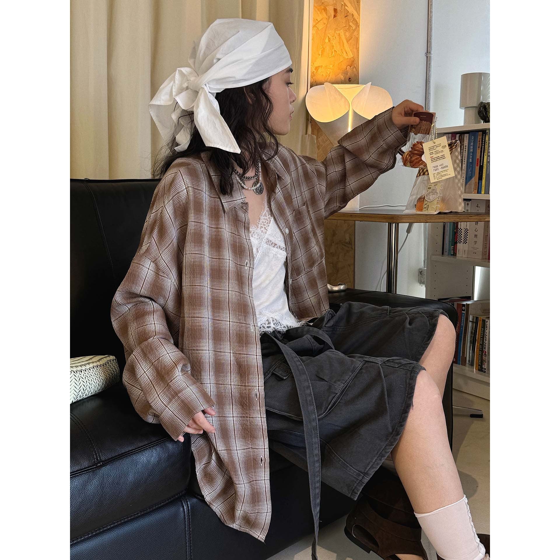 Vintage plaid cotton shirt loose long sleeve casual button down blouse