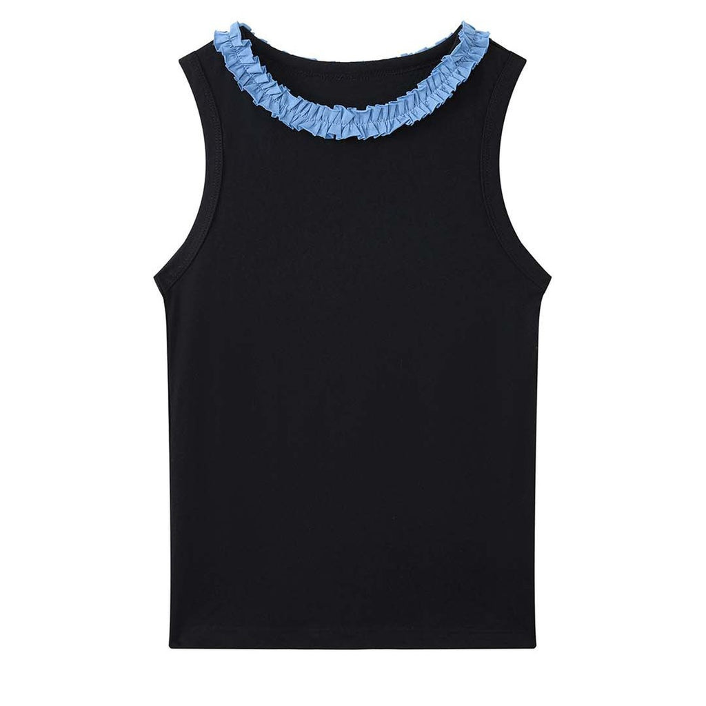 Sleeveless Cotton Blend Tank Top Ruffle Neck Slim Fit Soft Casual Basic Top