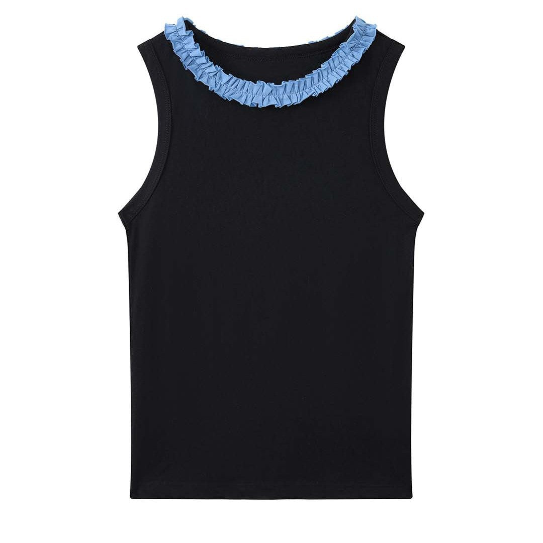 Sleeveless Cotton Blend Tank Top Ruffle Neck Slim Fit Soft Casual Basic Top