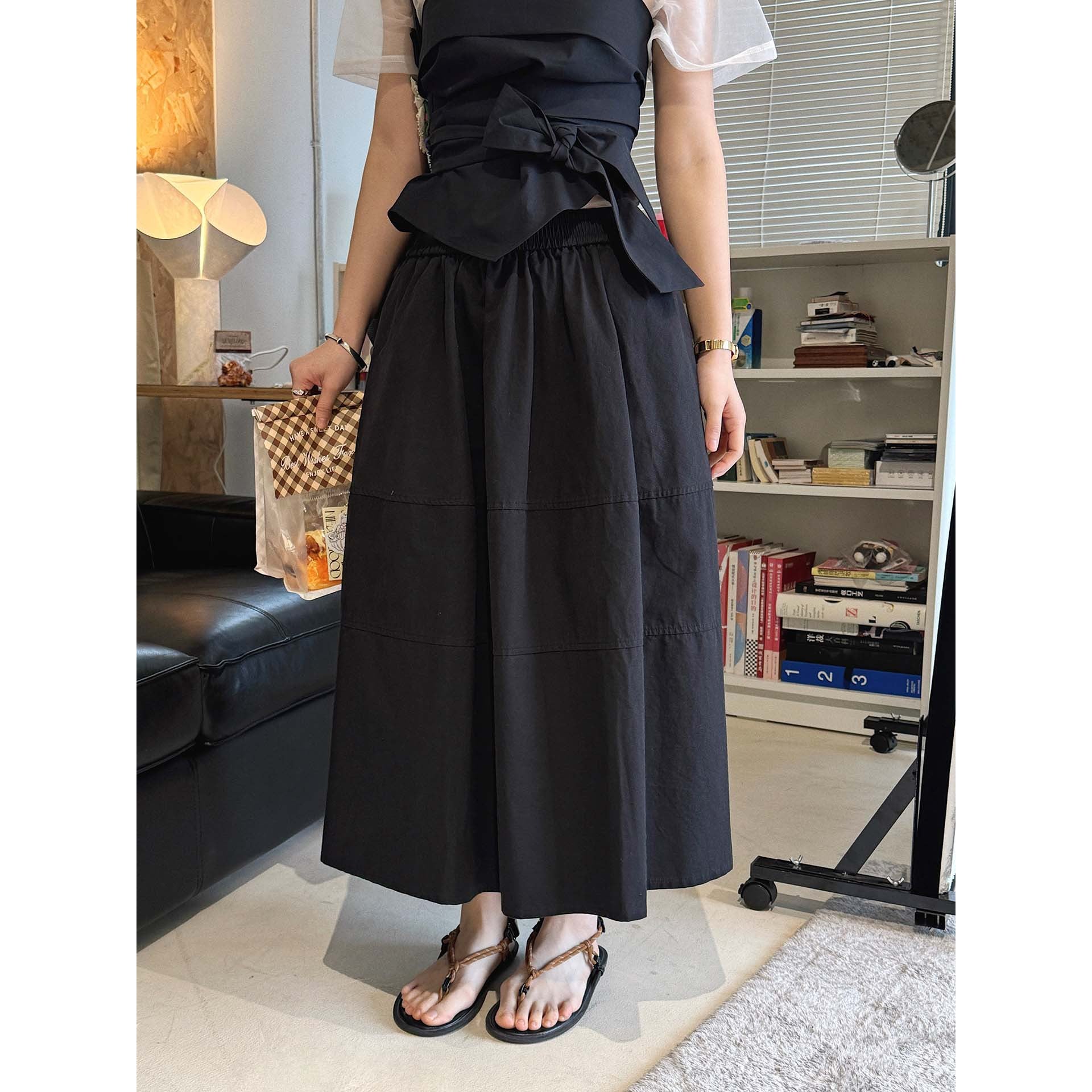 long skirt high waist elastic waist cotton a line midi skirt loose casual solid color skirt