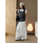Boho lace embroidered maxi skirt with flowy silhouette and soft lining