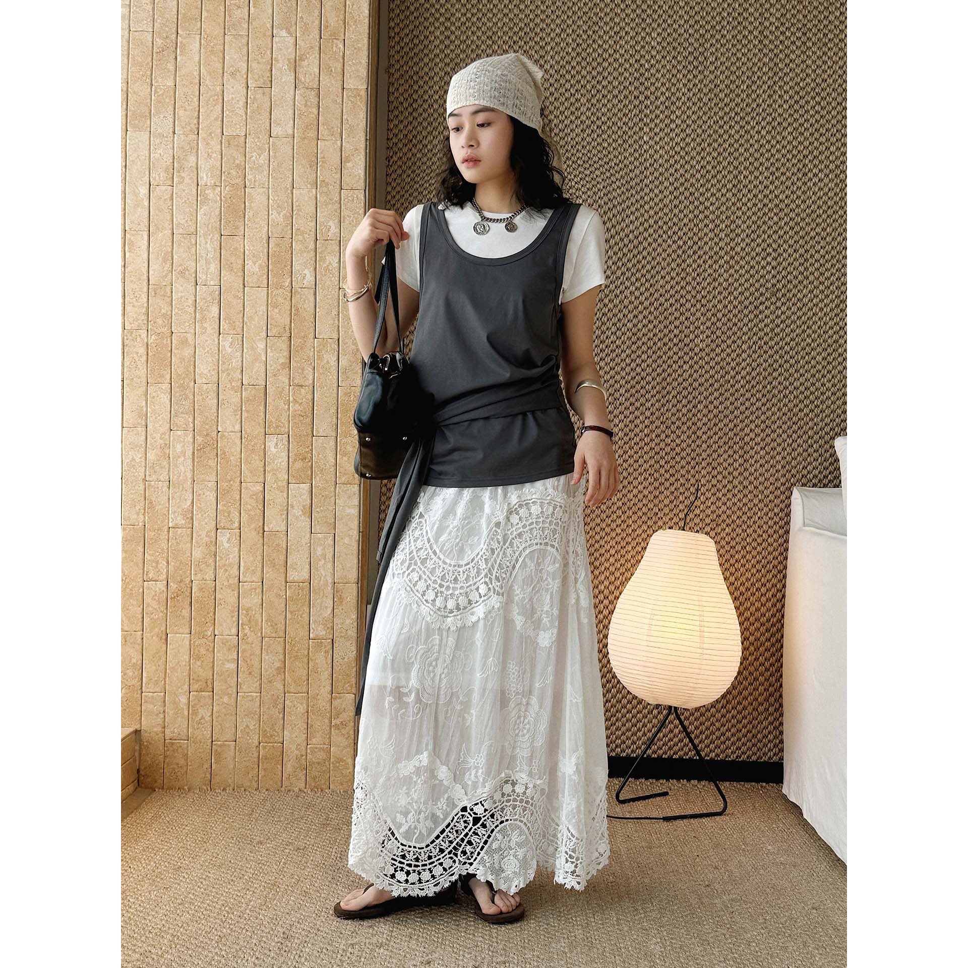 Boho lace embroidered maxi skirt with flowy silhouette and soft lining