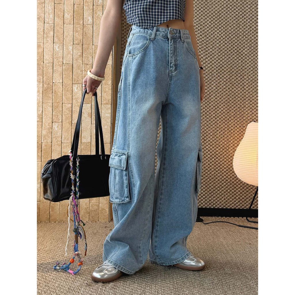 High waist vintage wash cargo wide leg jeans with utility pockets