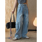 High waist vintage wash cargo wide leg jeans with utility pockets