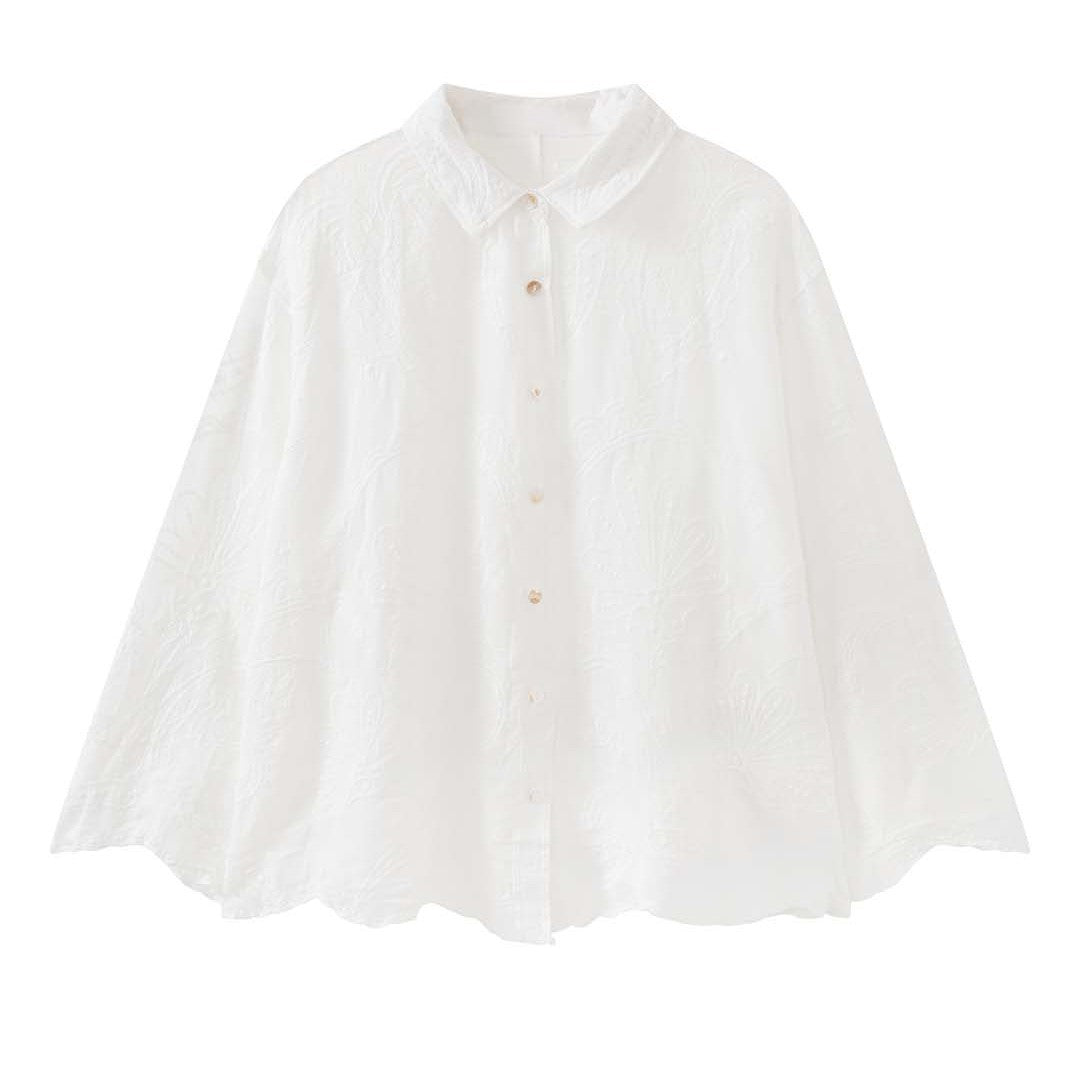 White embroidered cotton blouse loose long sleeve sheer lace shirt women