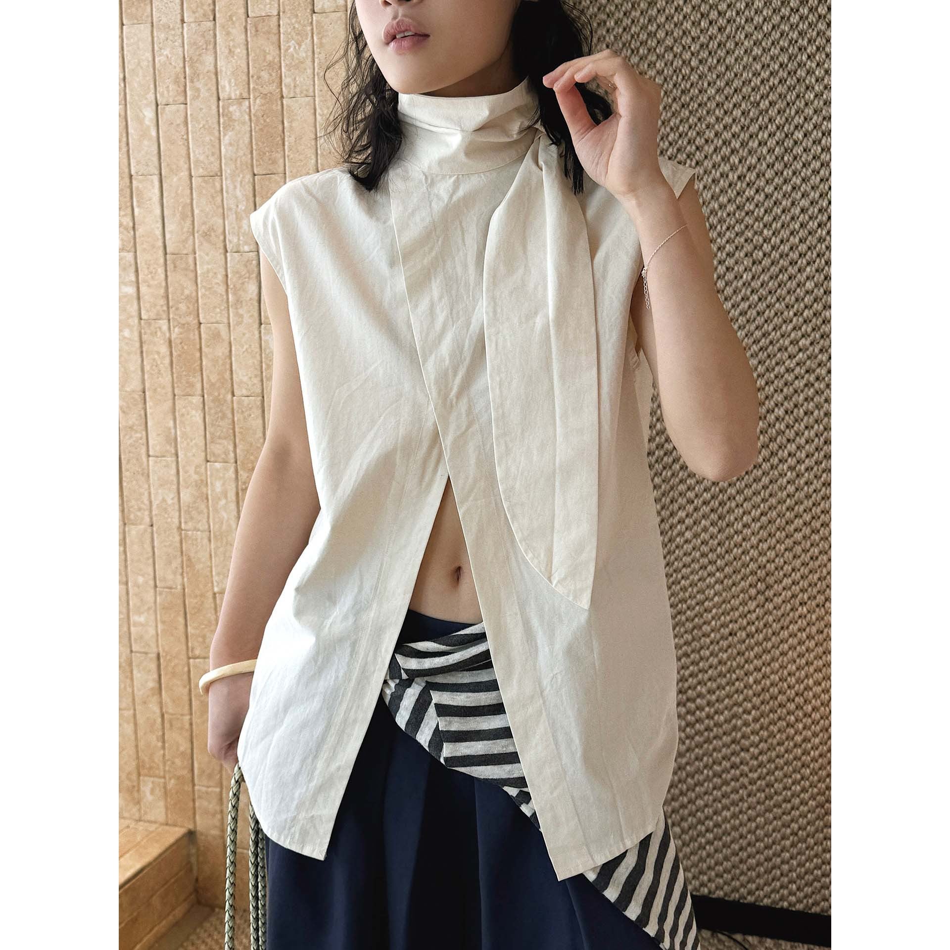 Sleeveless tie neck top women cotton linen loose summer blouse
