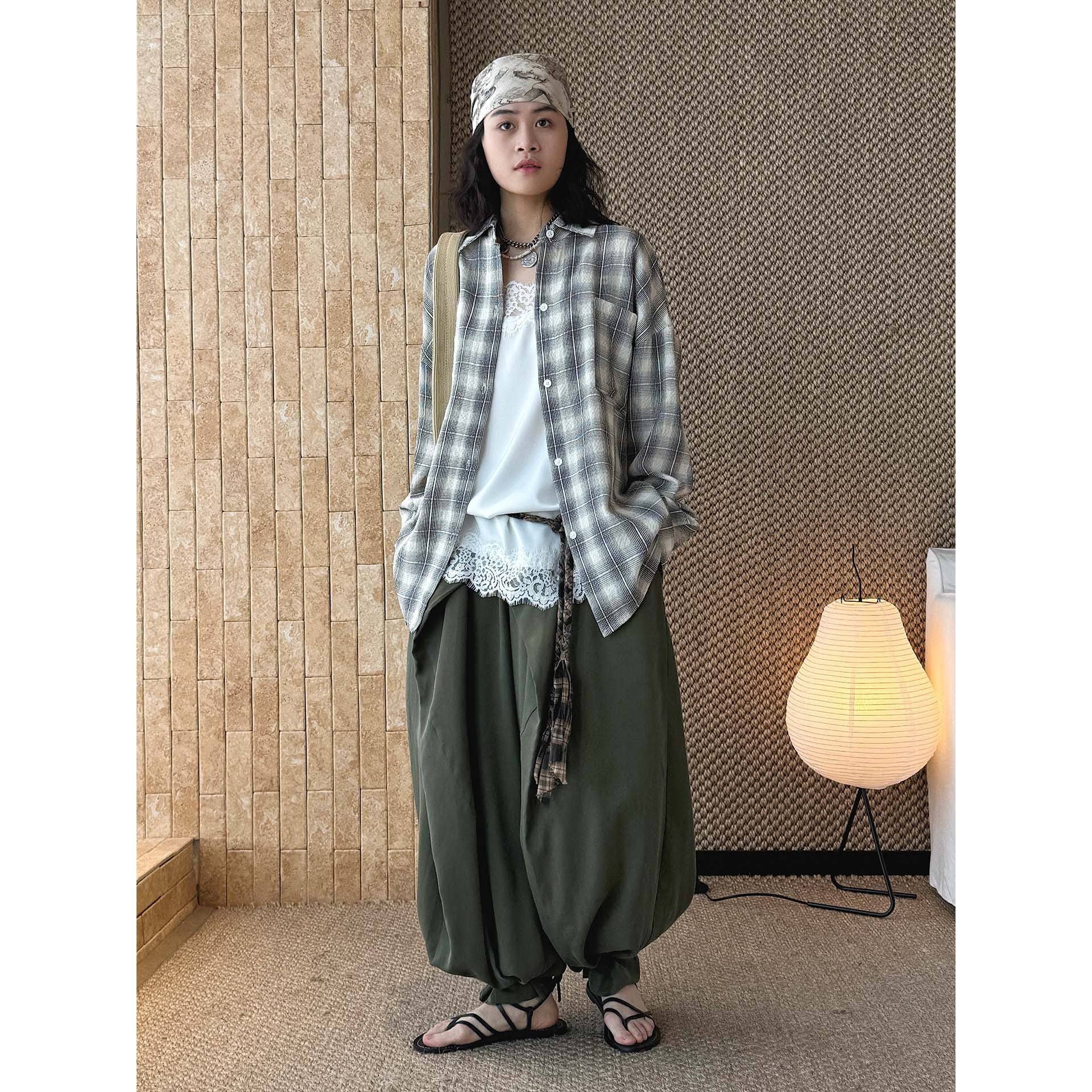 Vintage plaid cotton shirt loose long sleeve casual button down blouse