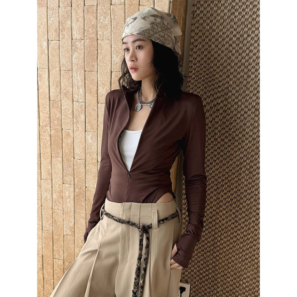 Slim fit stand collar zip long sleeve bodysuit