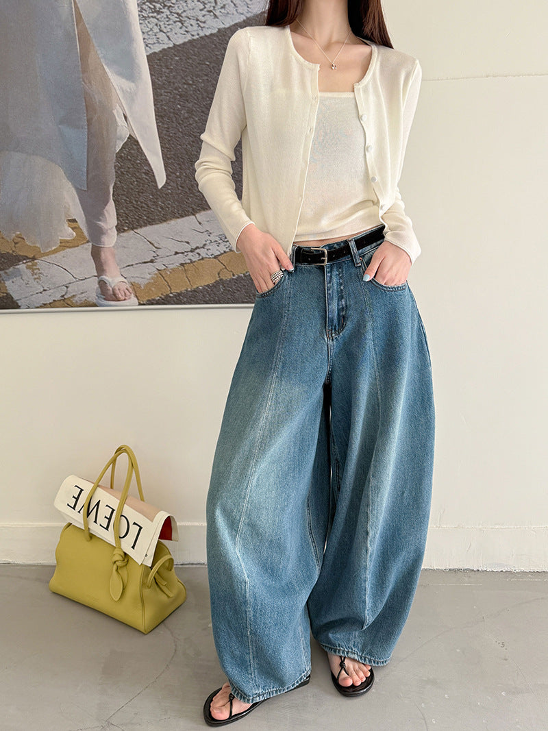 Wide leg jeans women high waist loose denim pants vintage wash trousers
