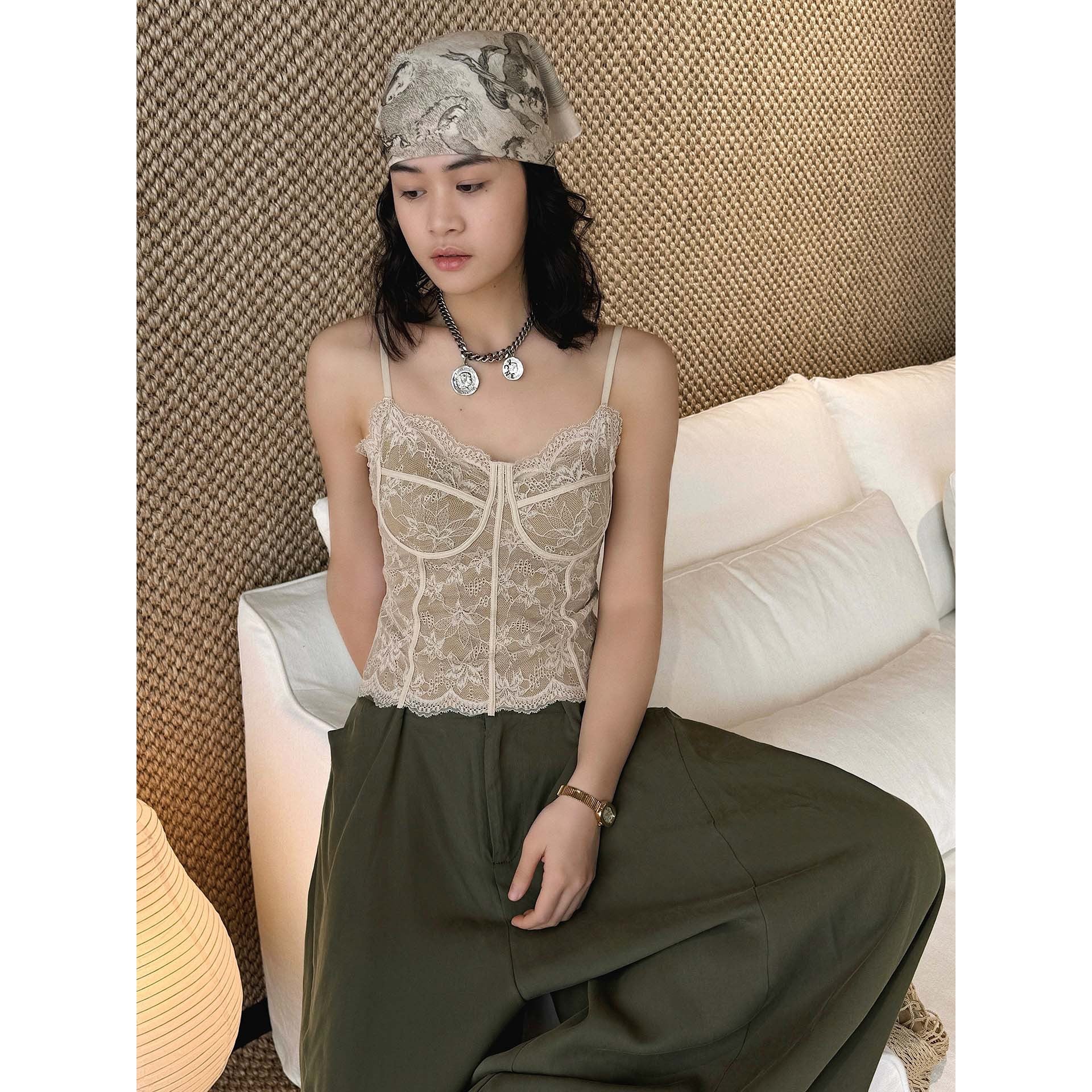 Lace cami top women slim fit corset style spaghetti strap sexy tank top