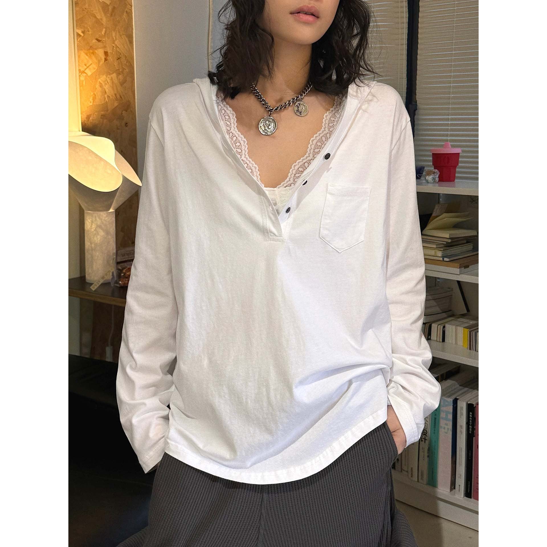 Loose fit v neck long sleeve button shirt top