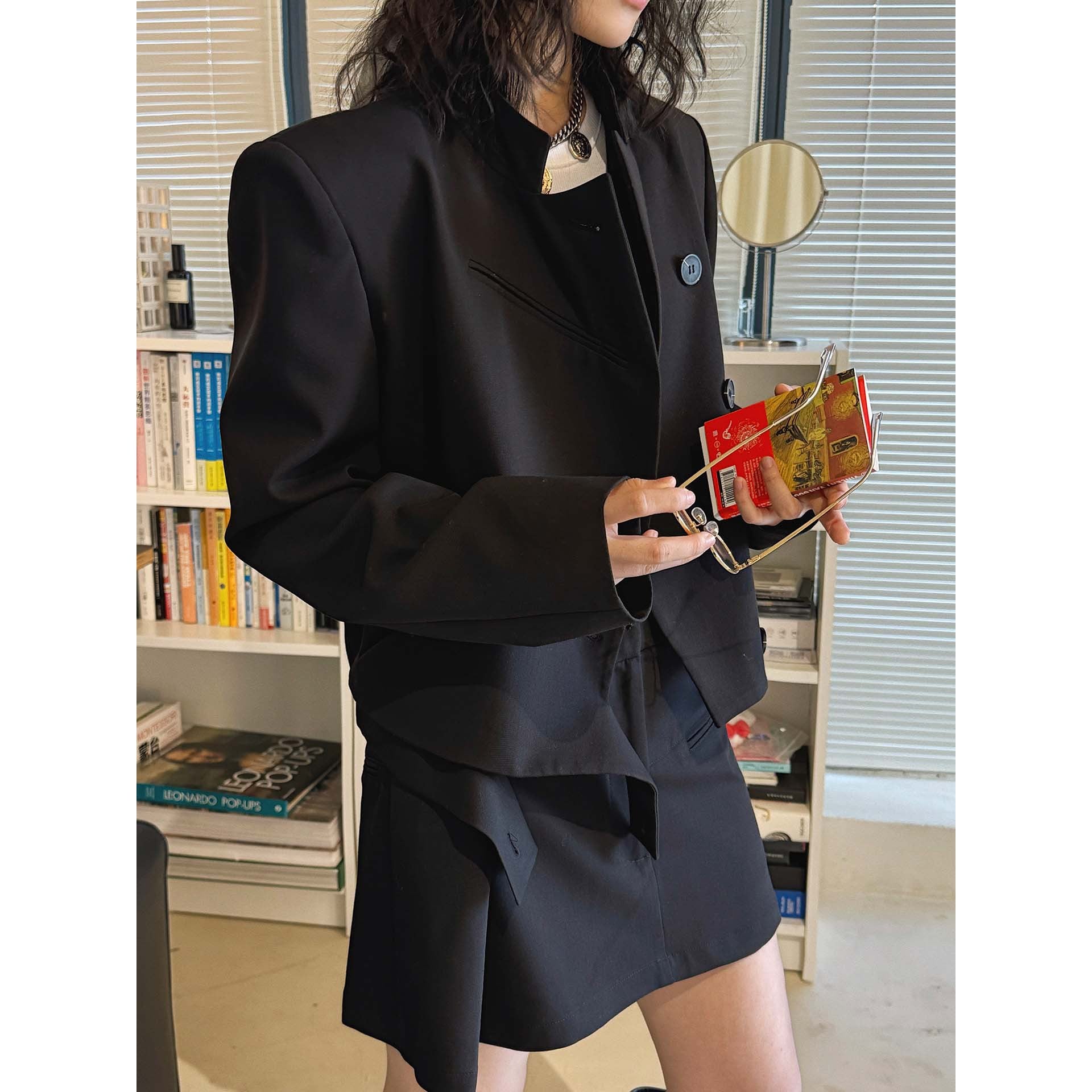 Stand collar cropped structured blazer jacket