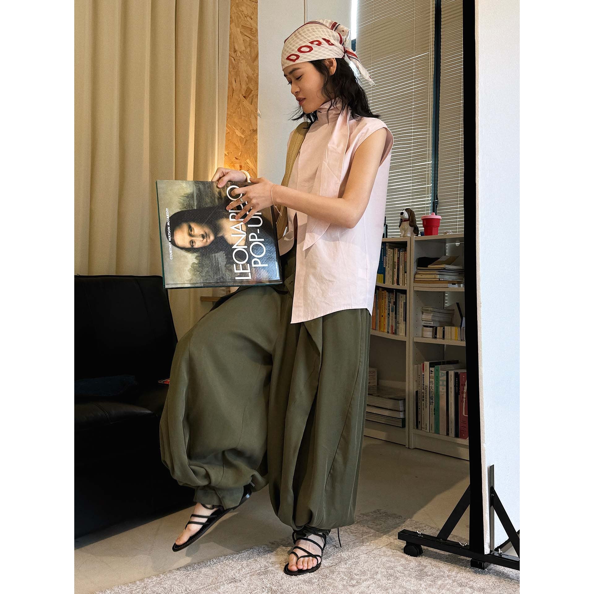 Sleeveless tie neck top women cotton linen loose summer blouse