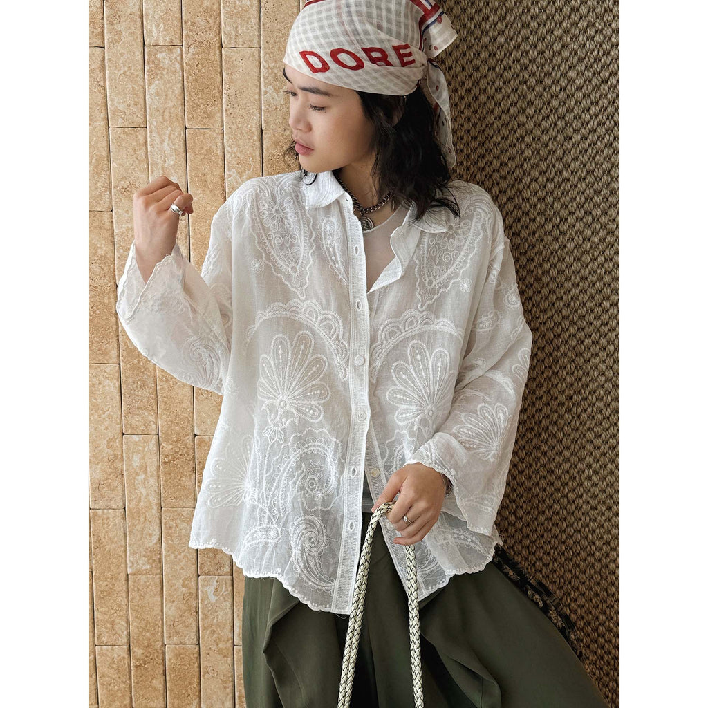 White embroidered cotton blouse loose long sleeve sheer lace shirt women