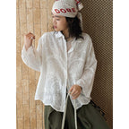 White embroidered cotton blouse loose long sleeve sheer lace shirt women