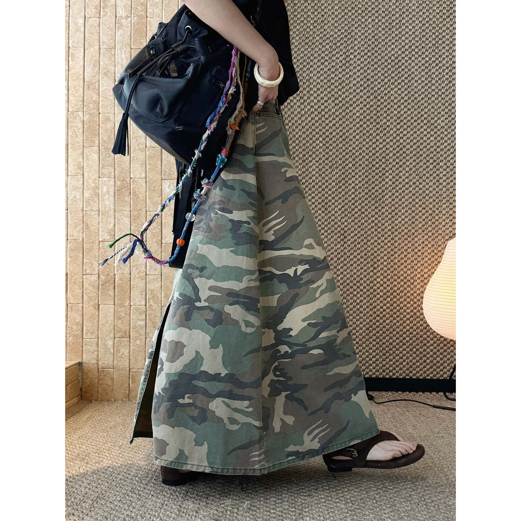Camo long skirt women high waist vintage A-line maxi skirt
