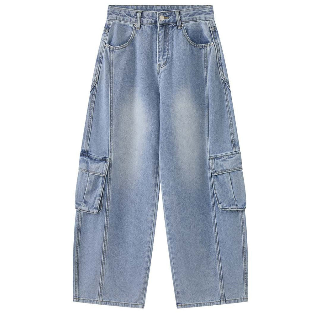 High waist vintage wash cargo wide leg jeans with utility pockets