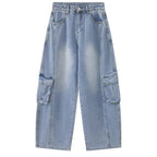 High waist vintage wash cargo wide leg jeans with utility pockets
