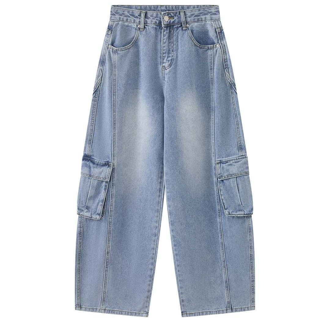 High waist vintage wash cargo wide leg jeans with utility pockets