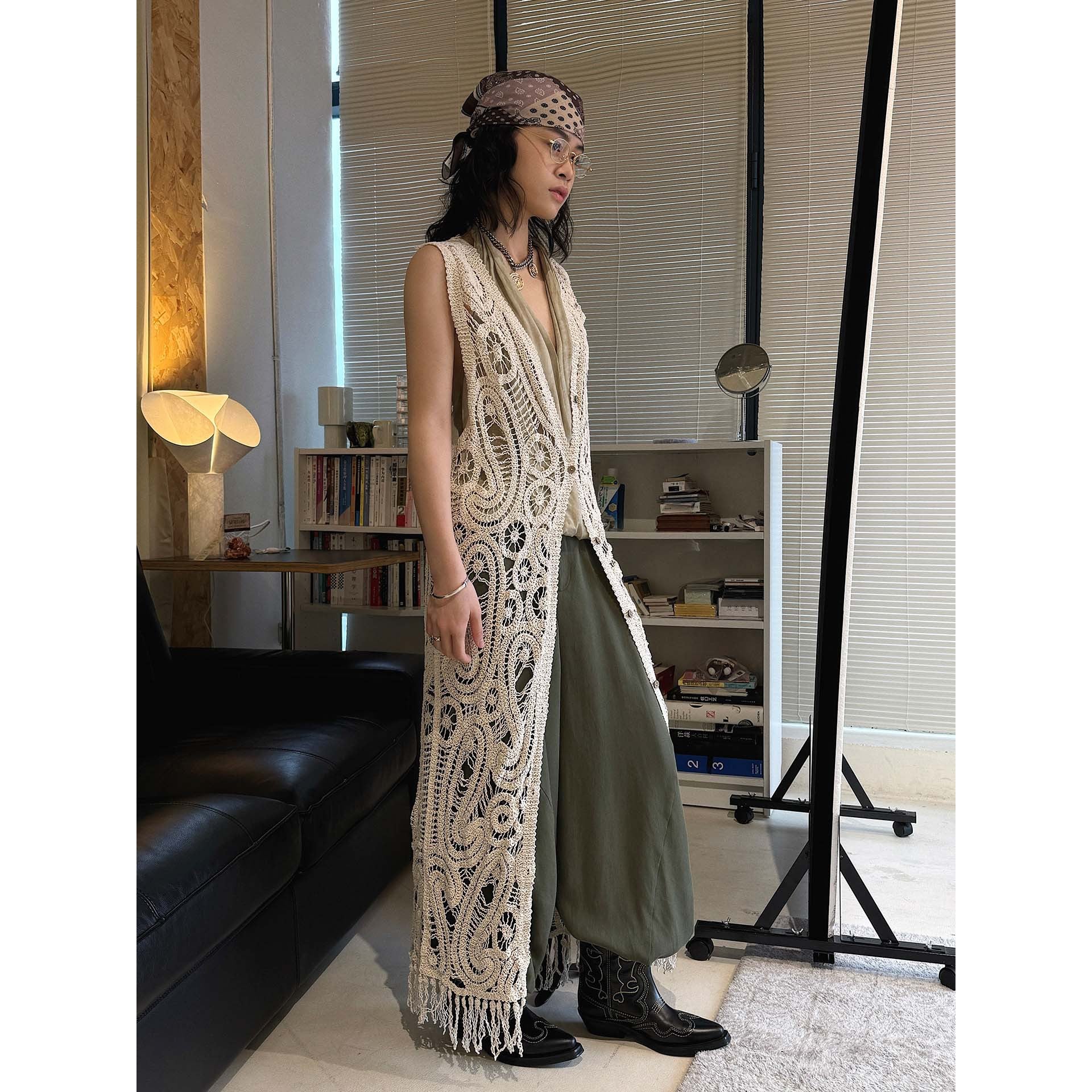 sleeveless long vest lace knit cardigan v neck button down hollow out lightweight layering top