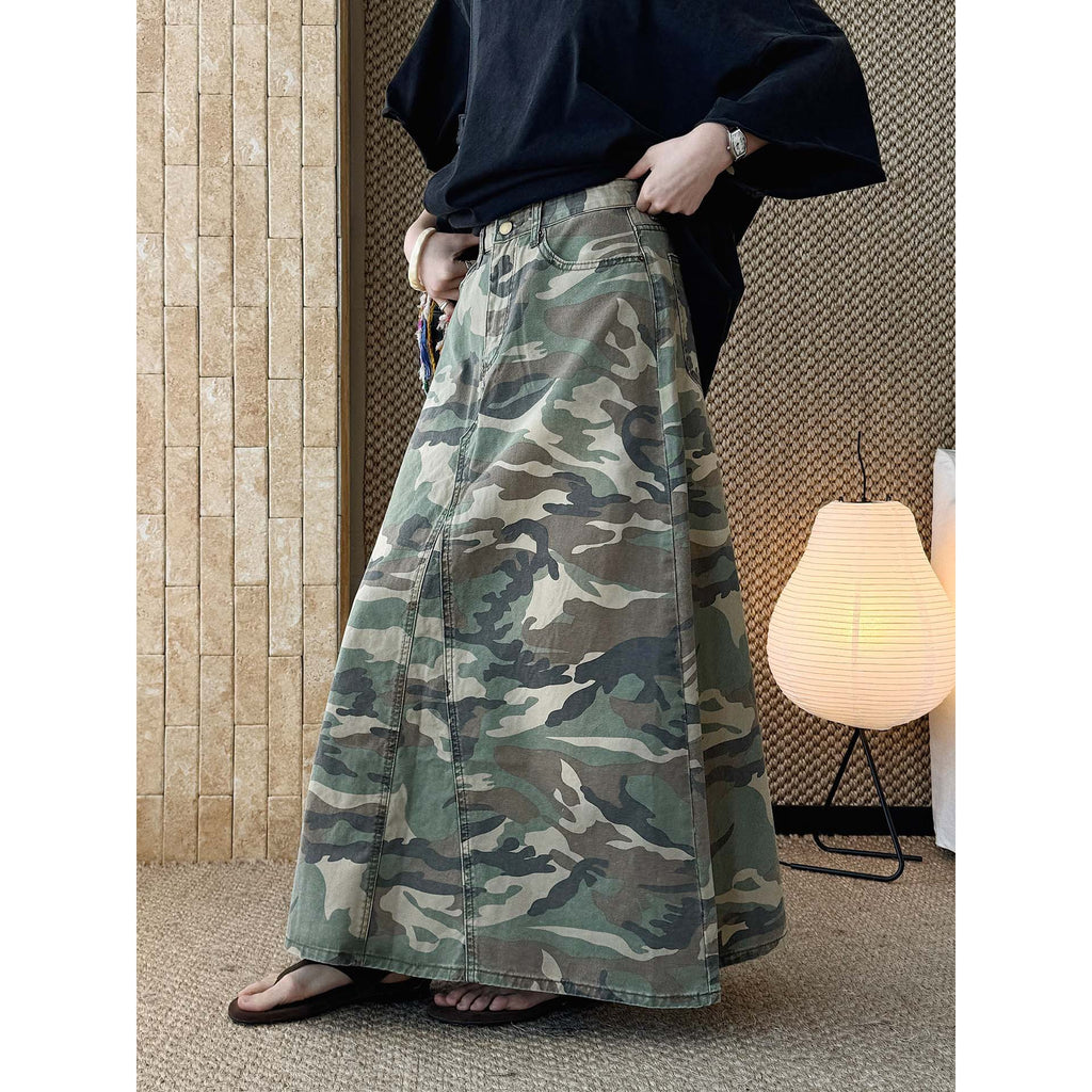 Camo long skirt women high waist vintage A-line maxi skirt