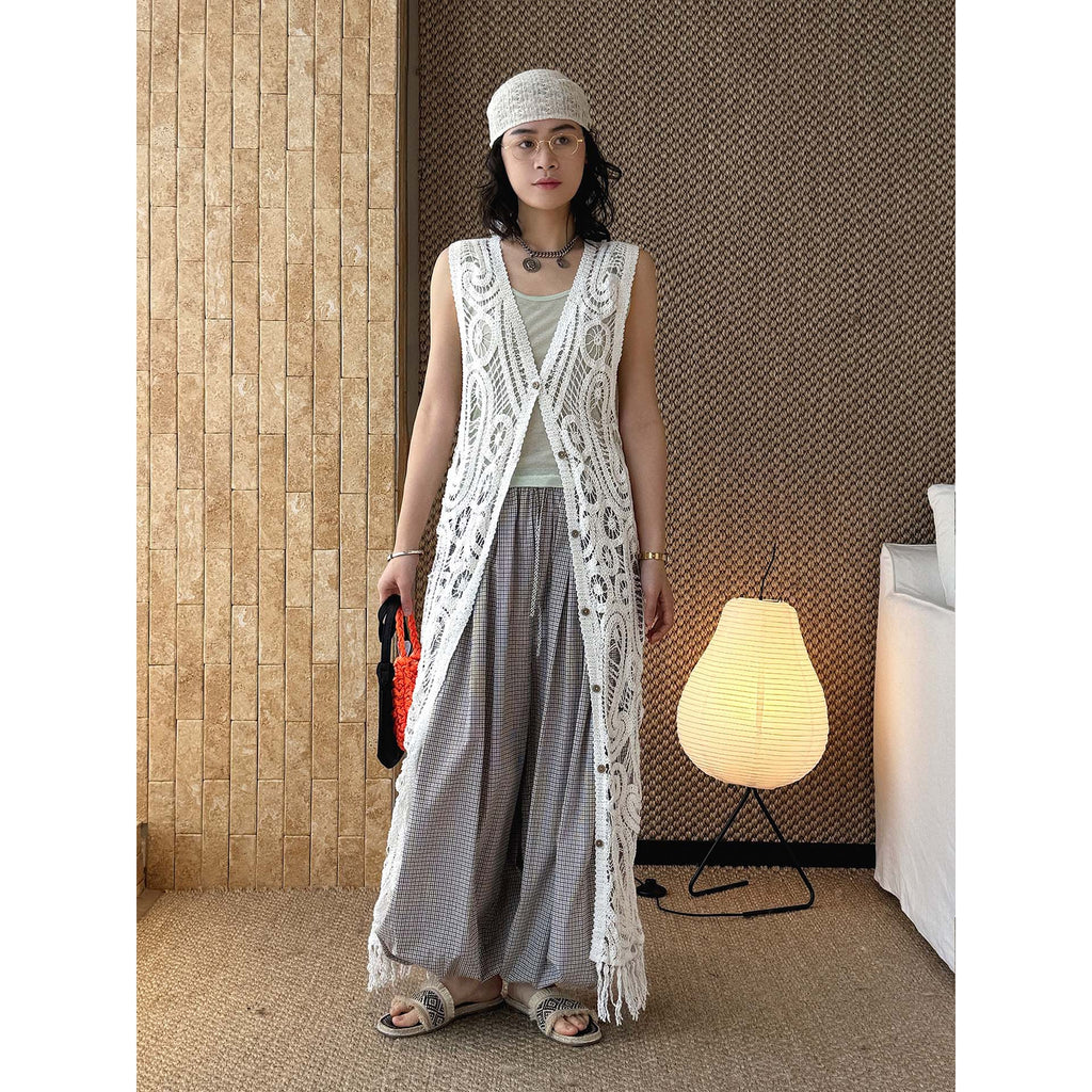 sleeveless long vest lace knit cardigan v neck button down hollow out lightweight layering top
