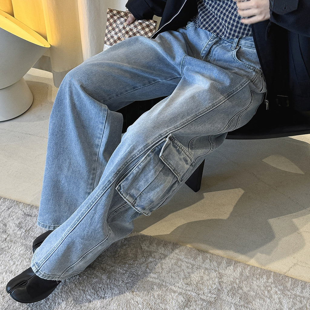 cargo wide leg jeans high waist loose fit vintage wash denim pants