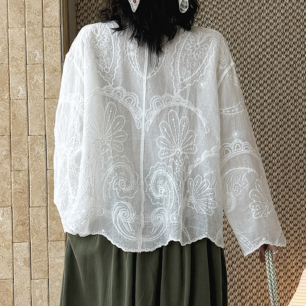 White embroidered cotton blouse loose long sleeve sheer lace shirt women