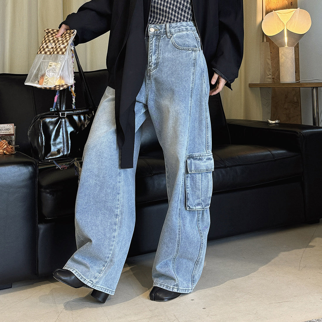 High waist vintage wash cargo wide leg jeans with utility pockets
