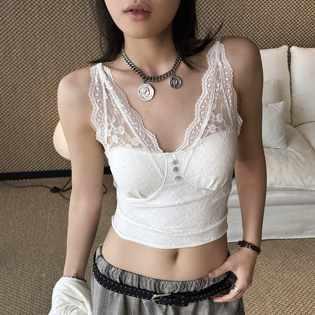 Women’s V-Neck Lace Camisole with Built-in Bra