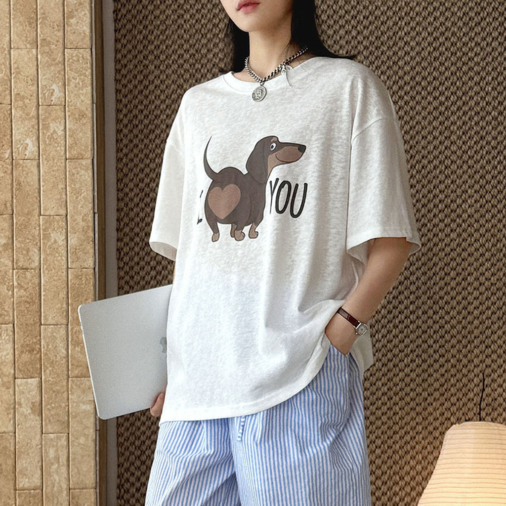 Round neck sausage dog letter printed short sleeve T-shirt top