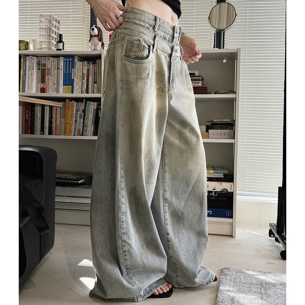 Women’s Double Waist Washed Wide Leg Denim Pants