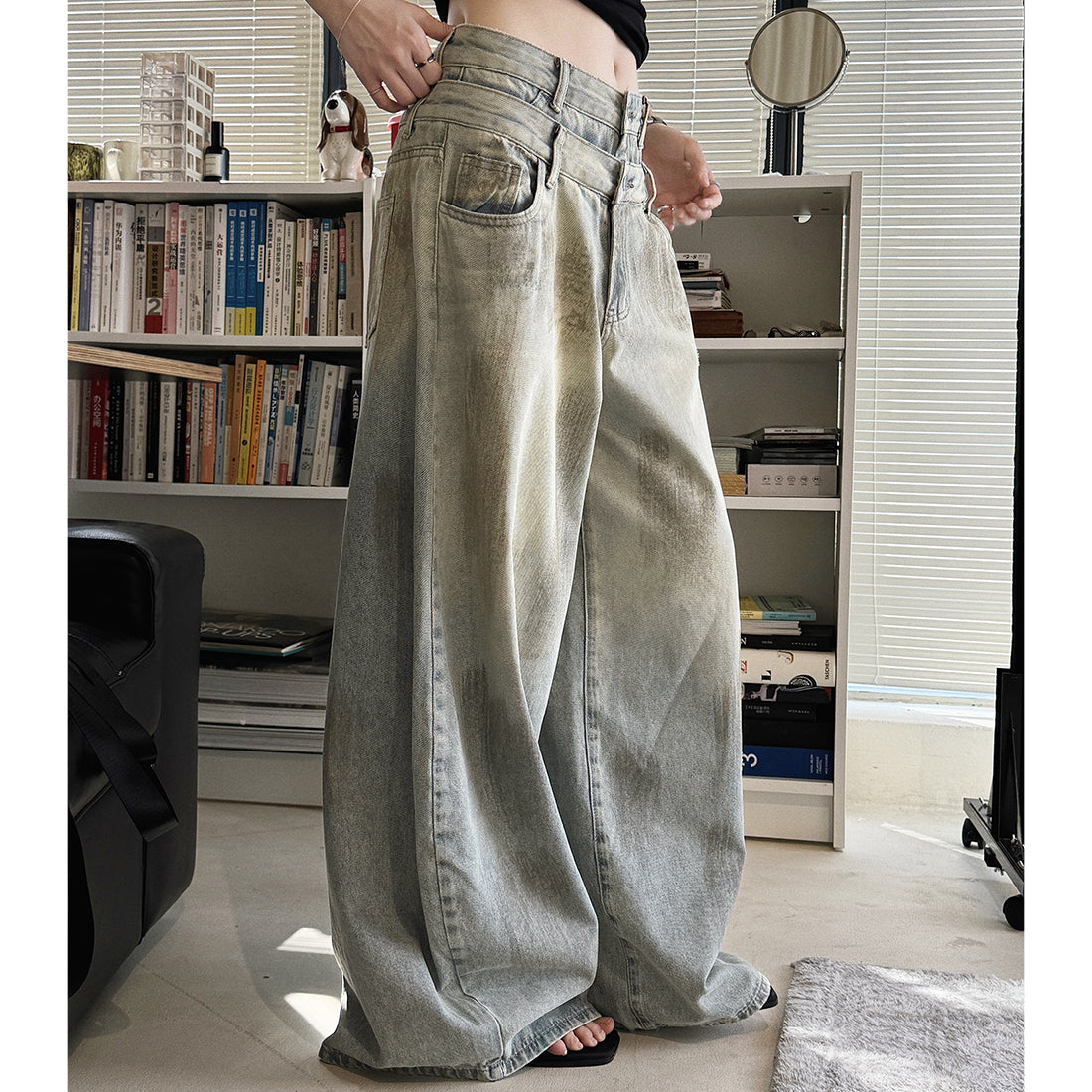Women’s Double Waist Washed Wide Leg Denim Pants
