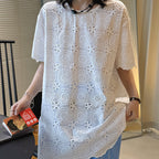 embroidered eyelet blouse loose fit cotton short sleeve lace top hollow out shirt