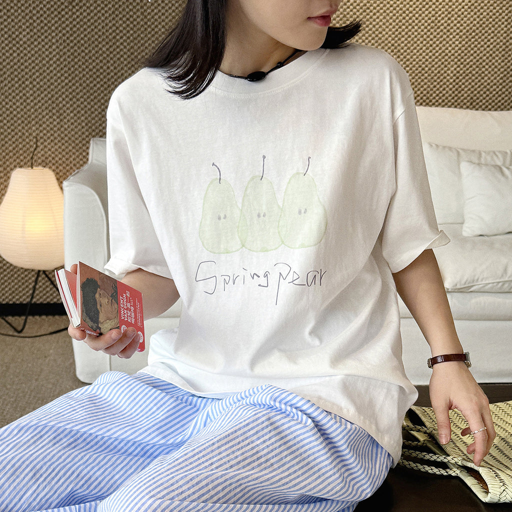 Oversized Spring Pear Graphic Cotton T-Shirt
