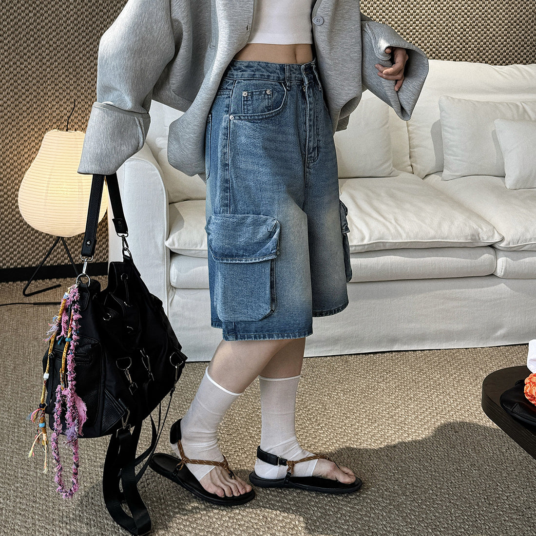 cargo denim bermuda shorts high waist loose fit wide leg washed jeans