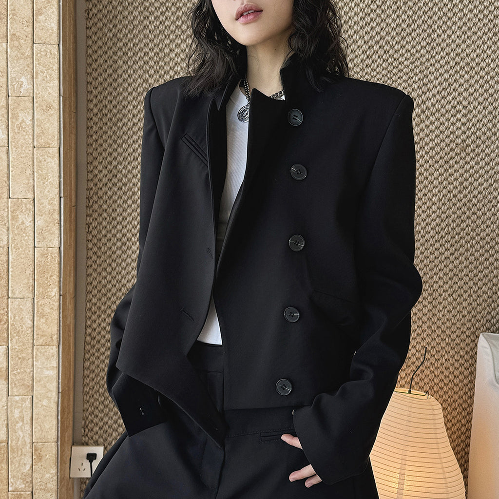 Stand collar cropped structured blazer jacket