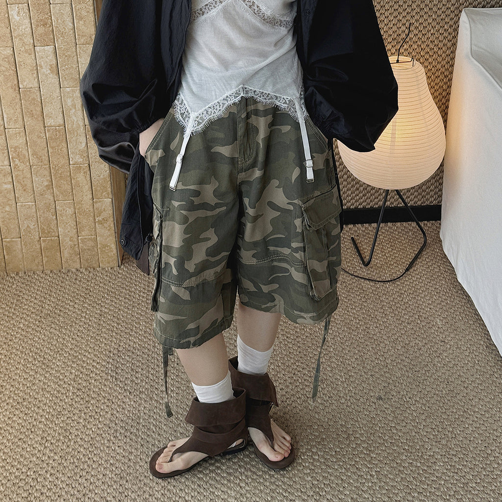 High Waist Camouflage Cargo Shorts Women Vintage Loose Fit Utility Bermuda Shorts