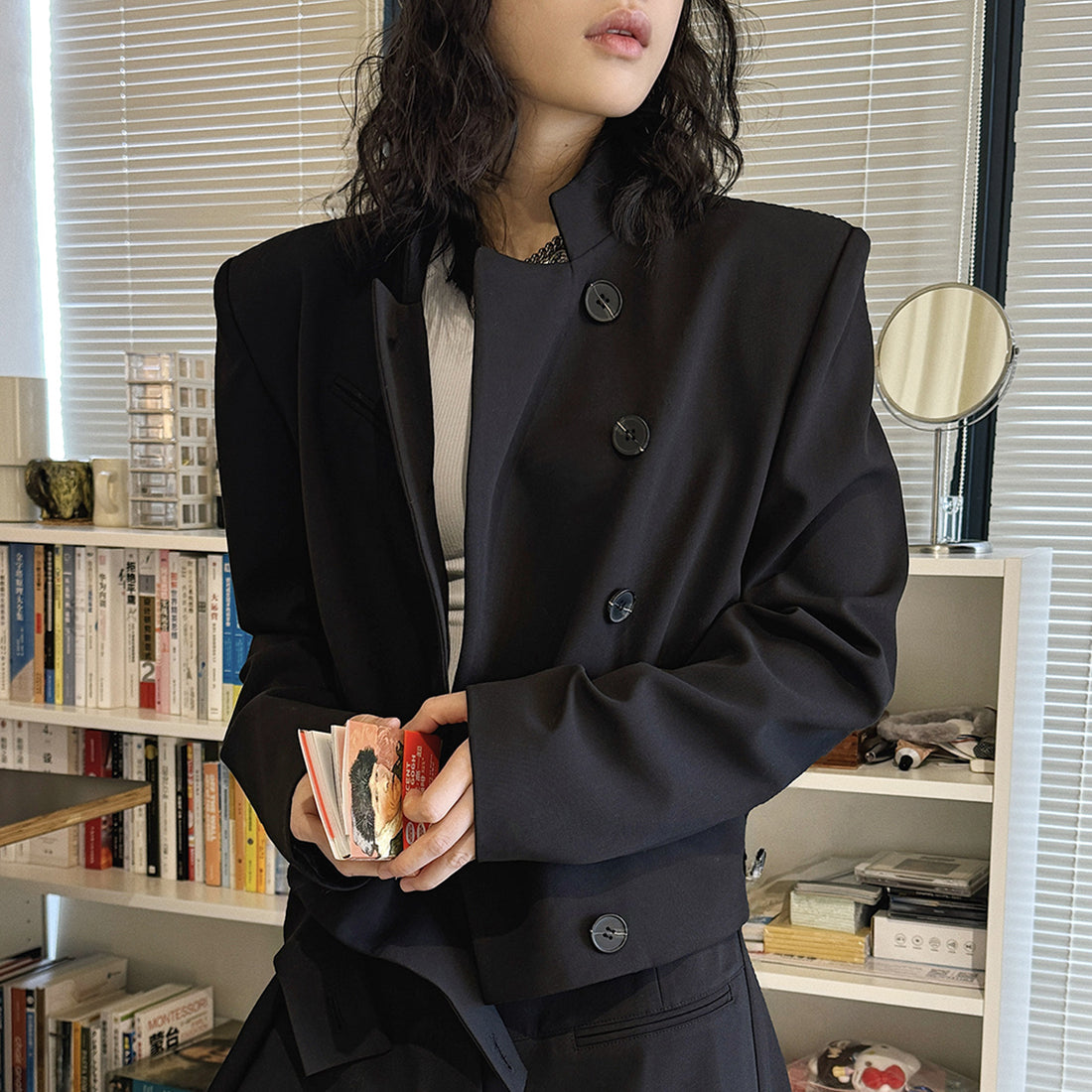 Stand collar cropped structured blazer jacket