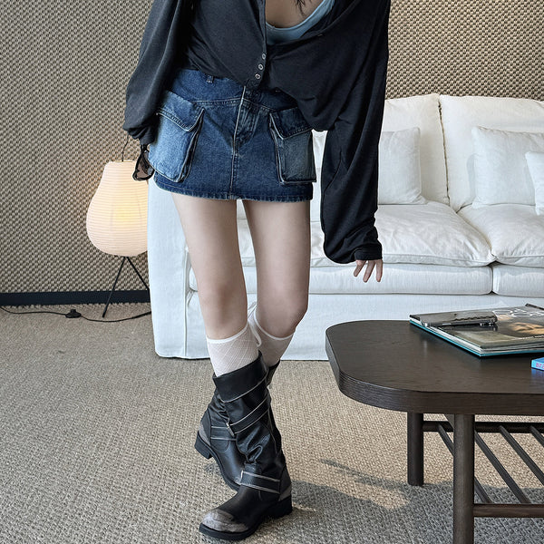 Denim Utility Skirt with Front Pockets - High Waist, Casual Fit