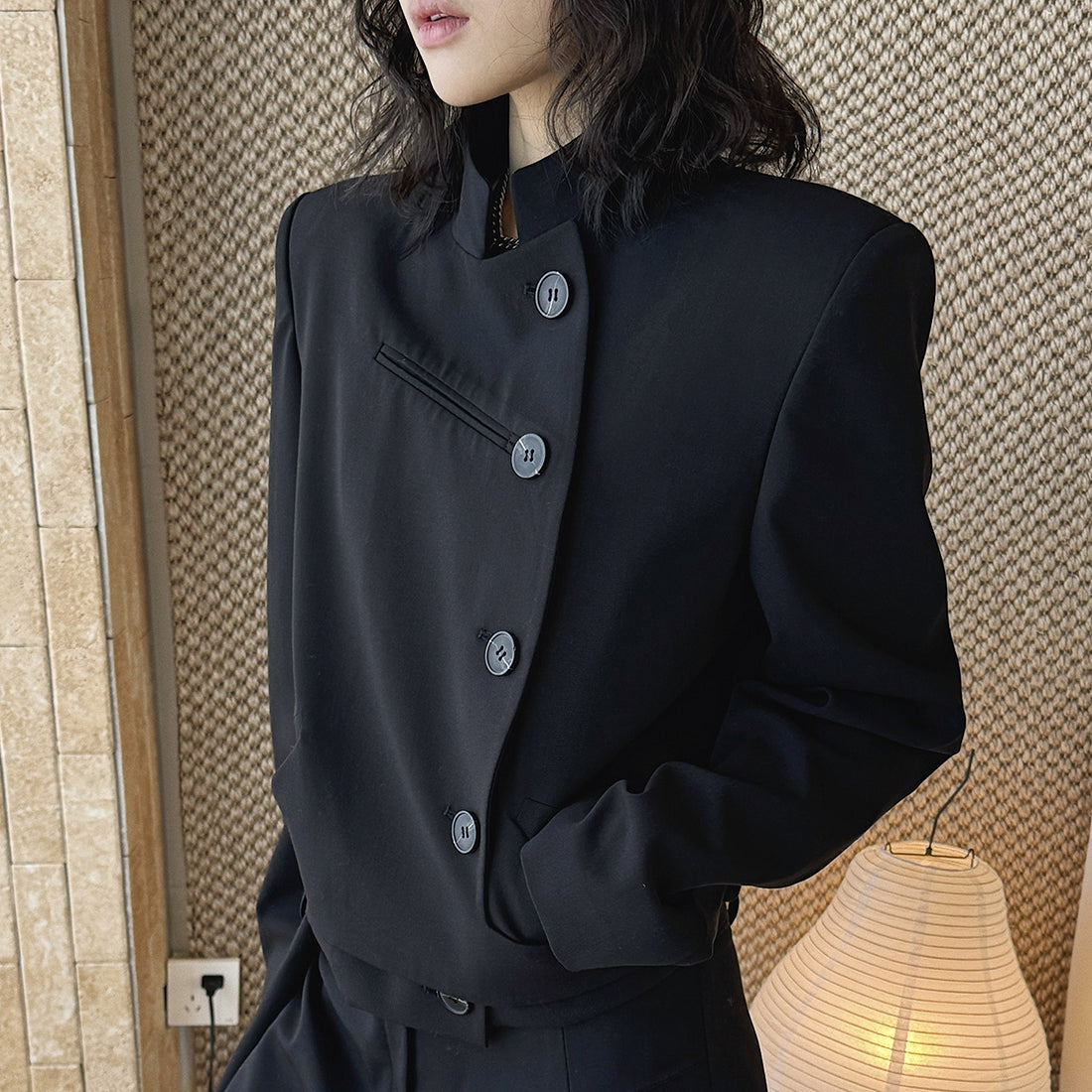 Stand collar cropped structured blazer jacket