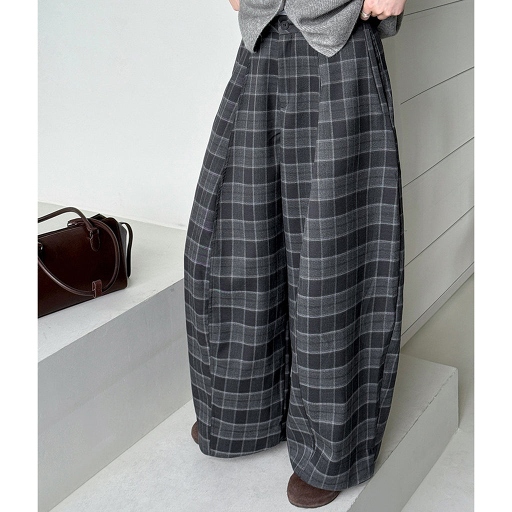 High waisted casual loose plaid wide leg pants
