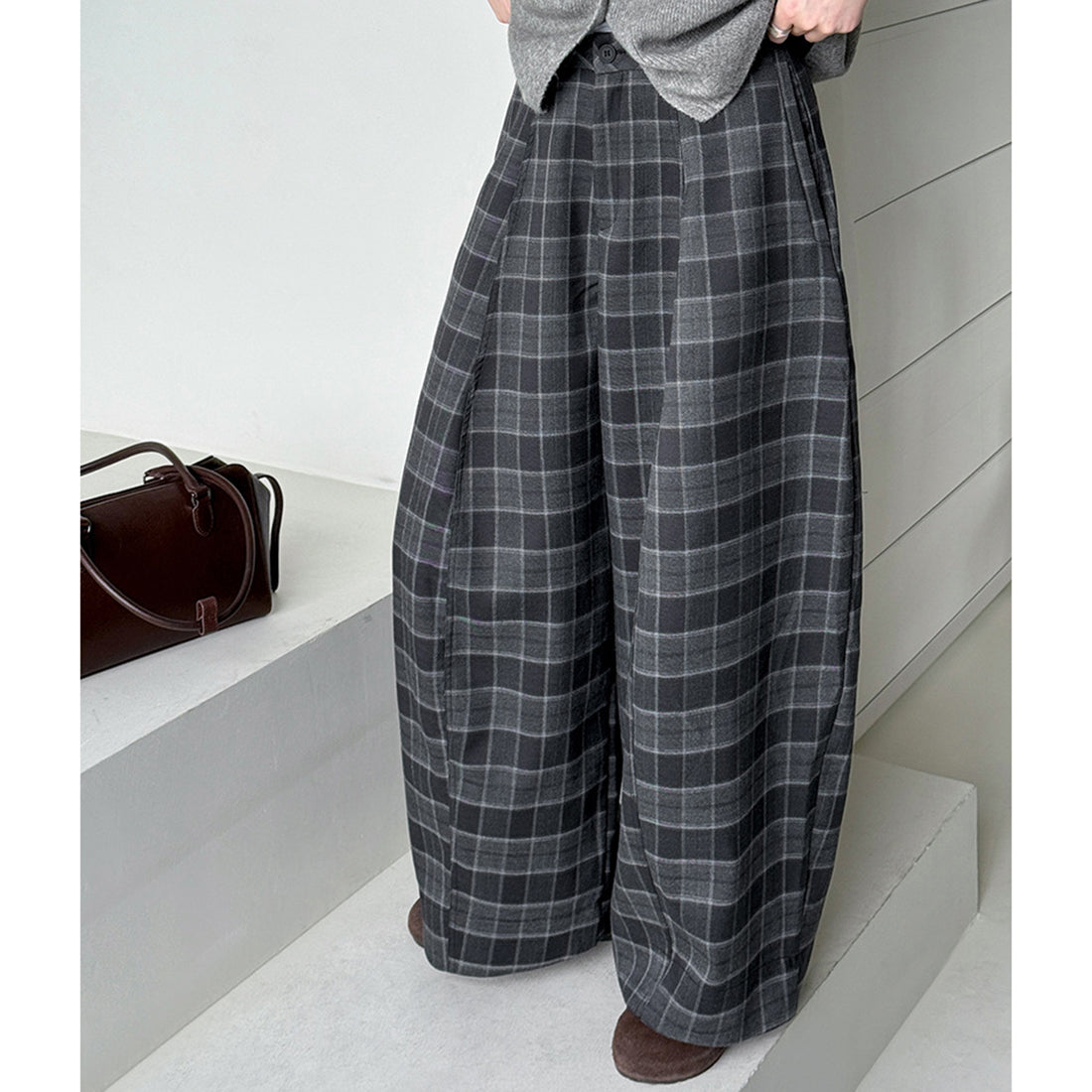 High waisted casual loose plaid wide leg pants
