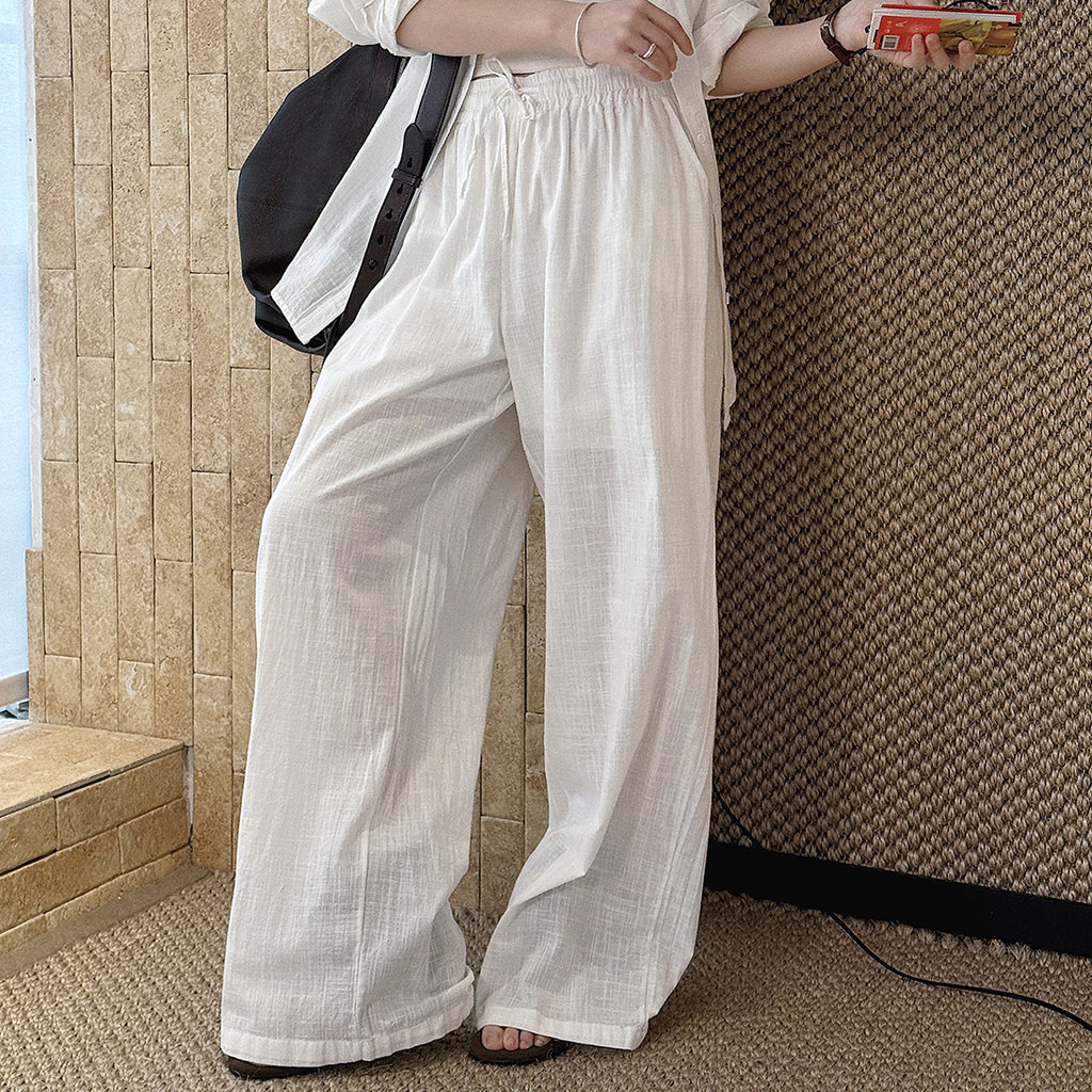High Waist Cotton Linen Wide Leg Pants with Drawstring